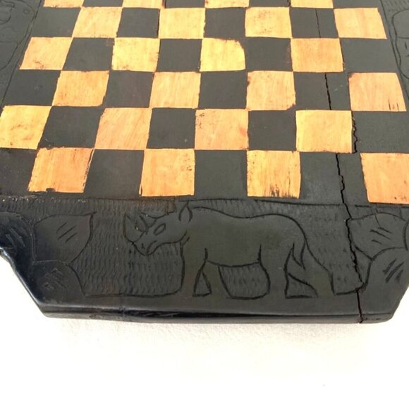 Vintage Hand Carved Wooden Chess Board Tanzania African Elephant Rhino - Picture 2 of 7